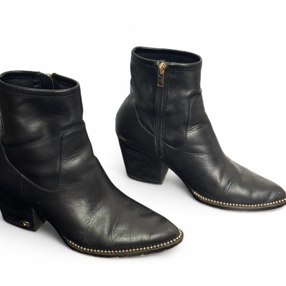 Coach Black Leather Ankle Booties Pointed Toe Block Heel Stud Sz 8.5 Mob Wife - Picture 5 of 12